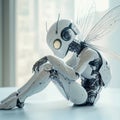 An interesting, newest android robot sits on a light surface. Royalty Free Stock Photo