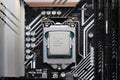Latest Intel processor chip in socket on Asus motherboard, close-up in flat lay