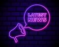 Latest news neon light announcement poster template . Megaphone icon isolated on dark brick wall background Royalty Free Stock Photo