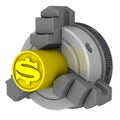 Lathe chuck and workpiece with the symbol of the American dollar
