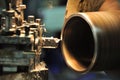 Lathe machine in a workshop, Part of the lathe. Lathe machine is operation on the work shop