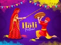 Vector illustration Happy Holi Indian festival. Women beat men with bamboo sticks as part of Lath mar Holi ritual