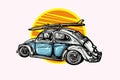 Vw car Vintage hand drawn surfing car vector Royalty Free Stock Photo