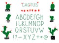 Latin alphabet green prickly cactus with blooming flowers. English letters
