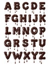 Latin alphabet made of melted chocolate with falling drops in high resolution