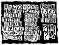 Latin alphabet, made up of letters of different sizes and shapes, is drawn in the style of inscriptions from detective stories