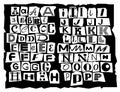 Latin alphabet, made up of letters of different sizes and shapes, is drawn in the style of inscriptions from detective stories.