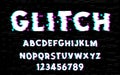 Latin alphabet. Trendy style distorted glitch typeface. Letters and numbers vector illustration.