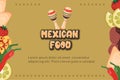 Latin American cuisine. Food background with vegetables, national Mexican elements, maracas, text. Vector flat drawn illustration
