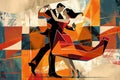 Latin American Hispanic male and female couple dancing the ballroom Calypso dance shown in an abstract cubist style painting