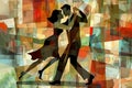 Latin American Hispanic male and female couple dancing the ballroom Calypso dance shown in an abstract cubist style painting Royalty Free Stock Photo