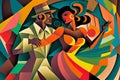 Latin American Hispanic male and female couple dancing the ballroom Calypso dance shown in an abstract cubist style painting Royalty Free Stock Photo