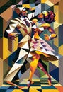 Latin American Hispanic male and female couple dancing the ballroom Calypso dance shown in an abstract cubist style painting Royalty Free Stock Photo