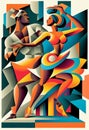 Latin American Hispanic male and female couple dancing the ballroom Calypso dance shown in an abstract cubist style painting Royalty Free Stock Photo