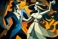 Latin American Hispanic male and female couple dancing the ballroom Tango dance shown in an abstract cubist style painting