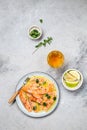 Latin American Italian dish Crudo de Salmon Raw Salmon fish platter marinated in lemon juice and spices. Top view Royalty Free Stock Photo