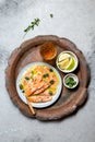 Latin American Italian dish Crudo de Salmon Raw Salmon fish platter marinated in lemon juice and spices. Top view Royalty Free Stock Photo