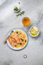 Latin American Italian dish Crudo de Salmon Raw Salmon fish platter marinated in lemon juice and spices. Top view Royalty Free Stock Photo