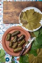 Latin American Mexican Chilean cuisine. Ninos envueltos. Grape leaves stuffed wish meat on clay plate