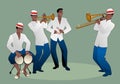 Latin band. Four Latin musicians playing bongos, trumpet, claves and trombone Royalty Free Stock Photo