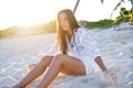 Latin beautiful girl sunset in Caribbean beach Royalty Free Stock Photo