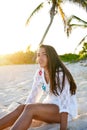 Latin beautiful girl sunset in Caribbean beach Royalty Free Stock Photo