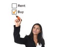 Latin businesswoman in office suit writing with marker in housing buy rent real estate concept choosing