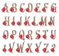 Latin capital letters, exclamation and question marks. Gold letters with a red rose. Isolated elements on a white background.