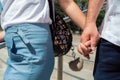 Latin couple holding hands. couple love concept. Close-up view, landscape orientation Royalty Free Stock Photo