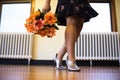 latin dance workout: shiny skirt, high heels, and flowers