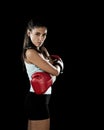 Latin fitness woman with girl red boxing gloves posing in defiant and competitive fight attitude Royalty Free Stock Photo