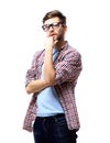 Latin hipster guy wearing glasses with his arms crossed and smiling on white background Royalty Free Stock Photo