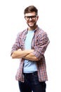 Latin hipster guy wearing glasses with his arms crossed and smiling on white background