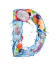 Latin letter D made of water splashes with different fruits and berries