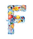 Latin letter F made of water splashes with different fruits and berries Royalty Free Stock Photo