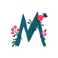 Latin letter M in flowers and plants. Vector. Letter in decorative elements for inscriptions.