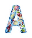 Latin letter A made of water splashes with different fruits and berries Royalty Free Stock Photo