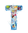 Latin letter T made of water splashes with different fruits and berries Royalty Free Stock Photo