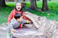 Latin little sibling screaming and touching the teeth of the monument of a crocodile. Royalty Free Stock Photo