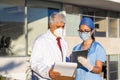 Latin team of medical doctors are looking at camera and smiling while standing outside of mexican hospital in Mexico city or latin Royalty Free Stock Photo