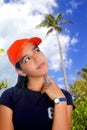 Latin teen hispanic pensive girl orange cap