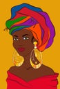 Latin woman. Cuban girl with colorful turban and big golden earrings. South american female Royalty Free Stock Photo