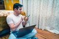 Latin young man working from home, teleworking Royalty Free Stock Photo