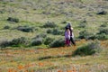 Latina Mother and Daughter walking in desert California Poppy field on path