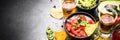 Latinamerican food party sauce guacamole, salsa, chips and tequi Royalty Free Stock Photo