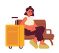 Latinamerican girl with luggage sitting semi flat color vector character