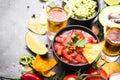 Latinamerican food party sauce guacamole, salsa, chips and tequi Royalty Free Stock Photo