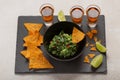 Latinamerican Mexican food party sauce guacamole, salsa, chips, and tequila. Royalty Free Stock Photo