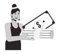 Latinamerican stylish woman holding money flat line black white vector character