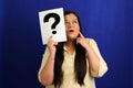 Latino adult woman shows a question mark, wonders, doubts, suspects, assumes, fears and distrusts